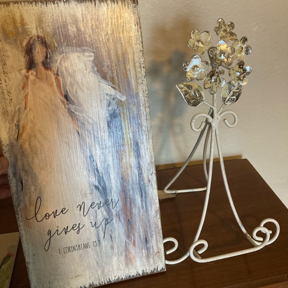 Ganz Inspirational Art with Abstract Angel Design and Distressed Floral Stand